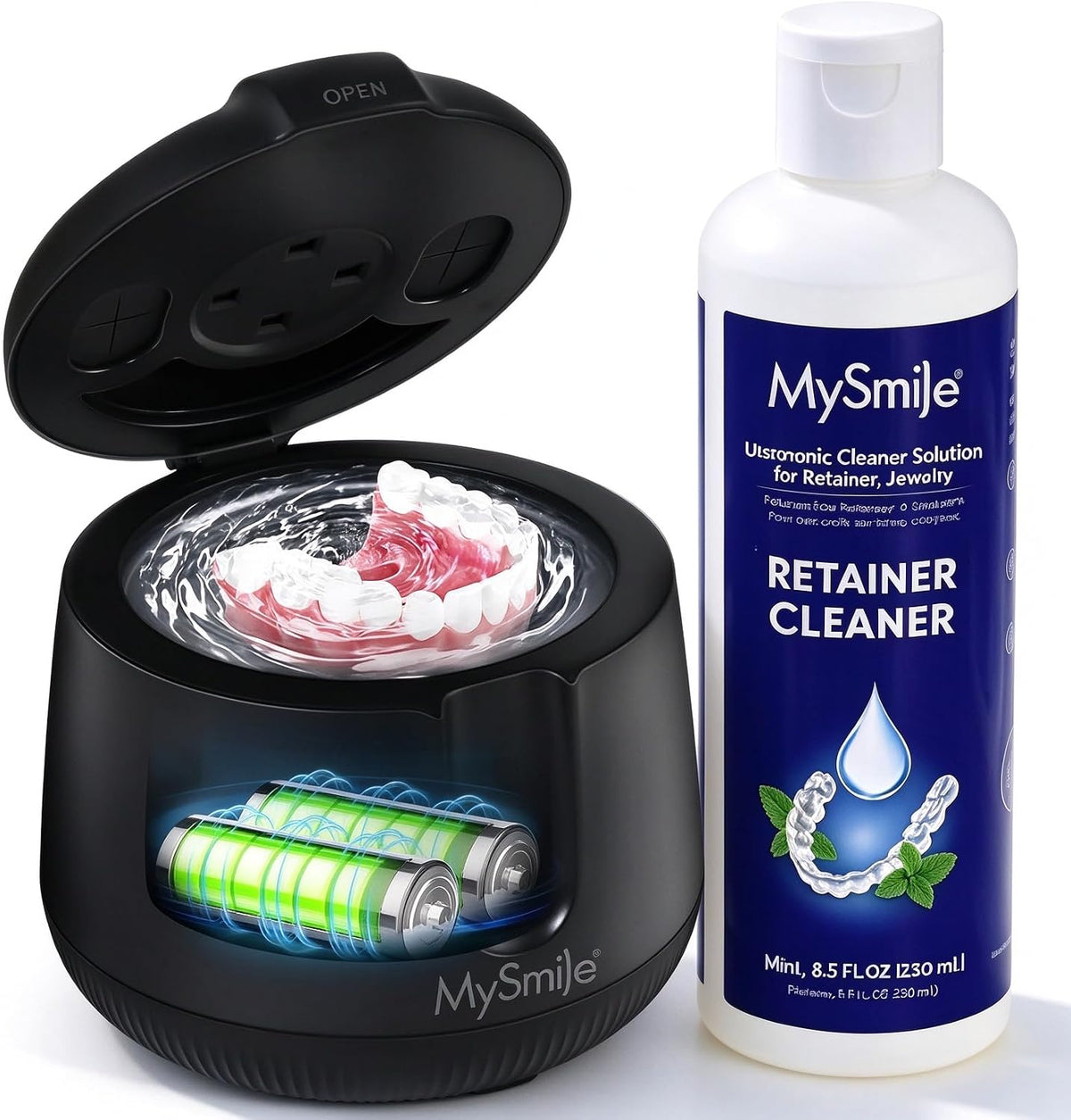 MySmile MS202B Cordless Ultrasonic Retainer Cleaner with Mint Cleaning Solution Bundle