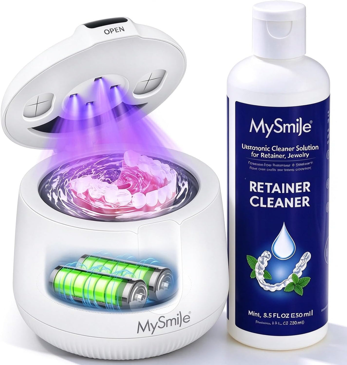 MySmile MS202B Cordless Ultrasonic Retainer Cleaner with Mint Cleaning Solution Bundle