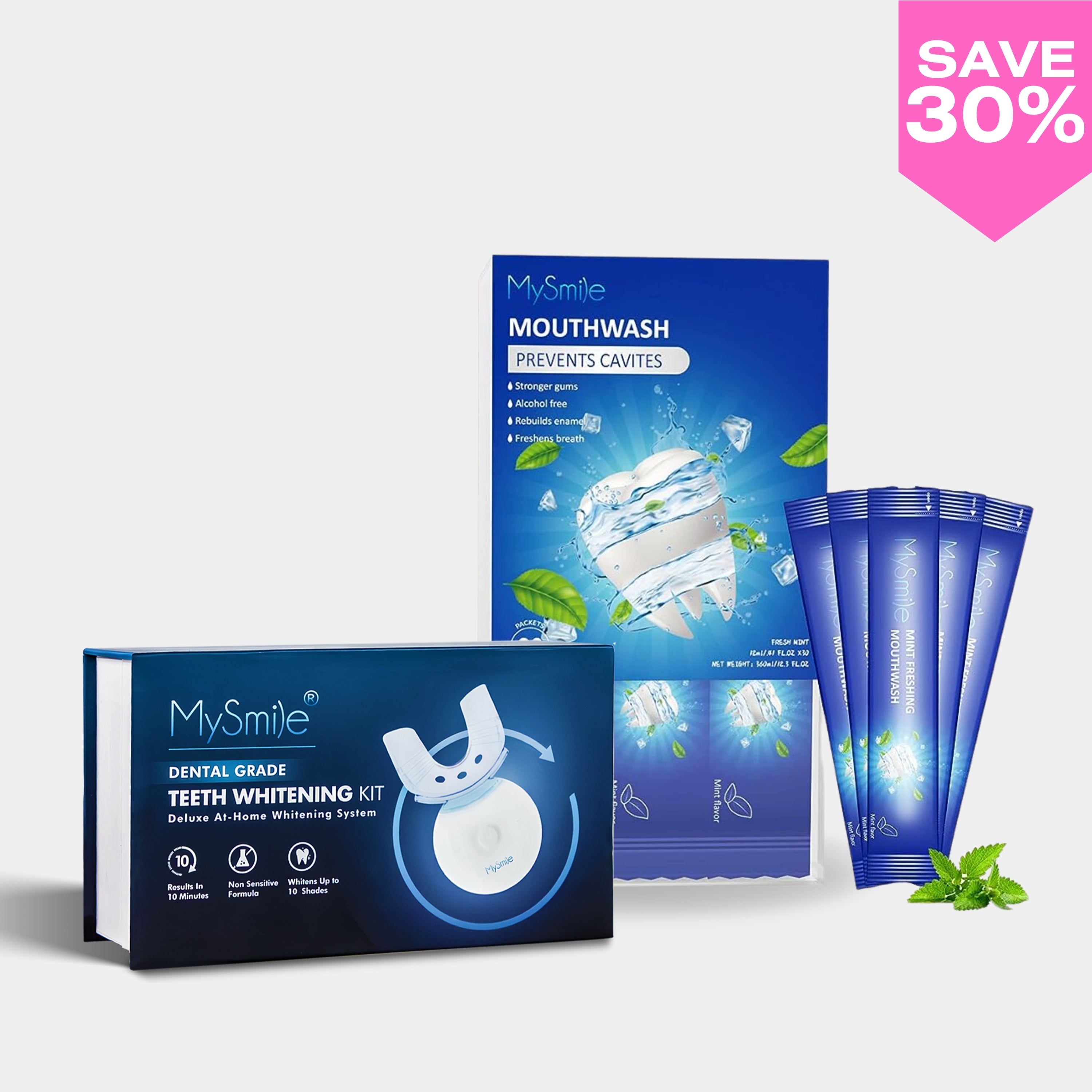 MySmile teeth whitening kit with mouthwash and whitening strips