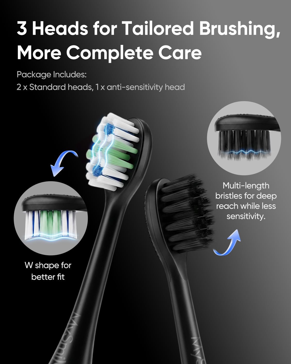 Close-up view of the MySmile® black sonic electric toothbrush kit, featuring 2 standard heads and 1 anti-sensitivity head, designed for tailored oral care.