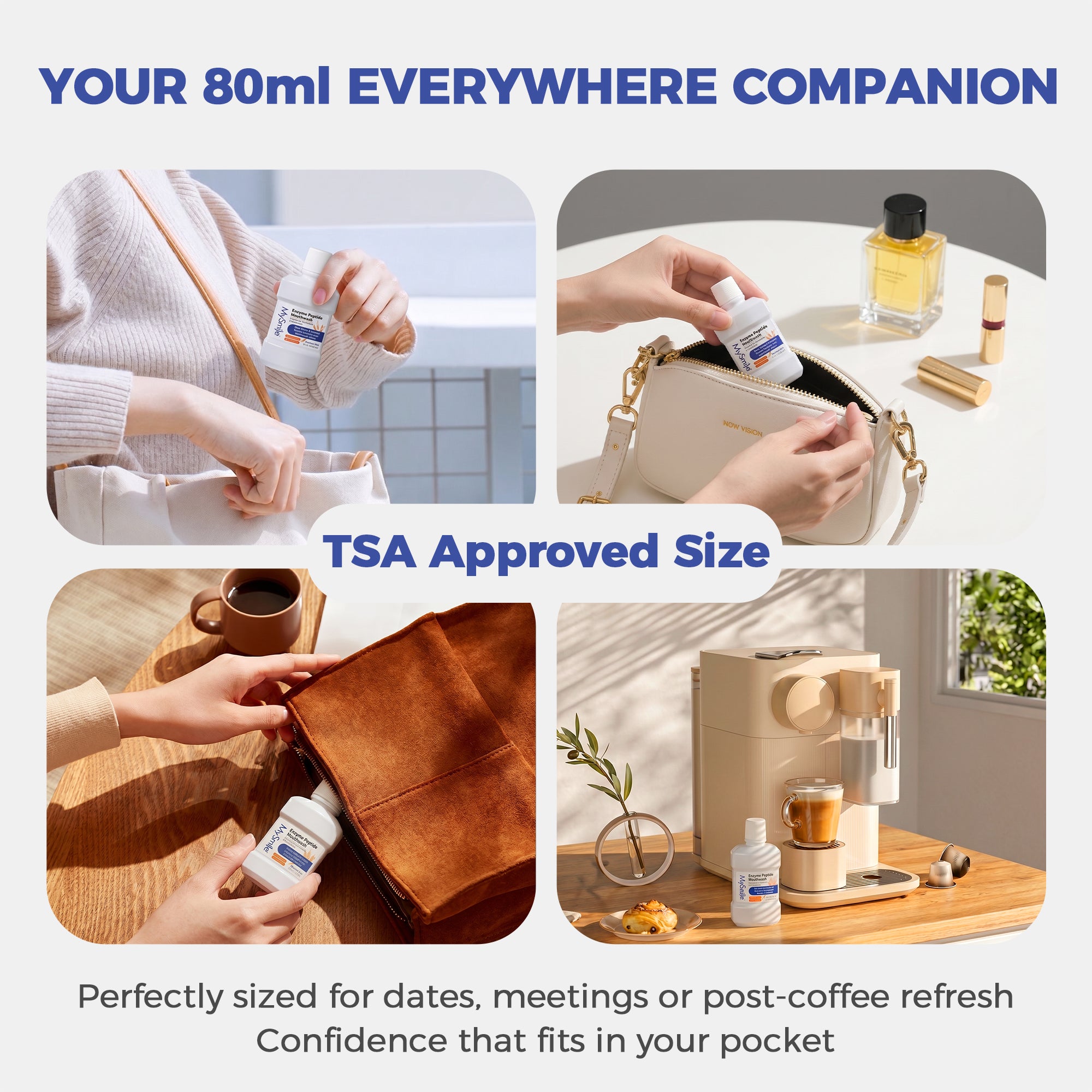 Four-panel lifestyle collage of MySmile 80ml Travel Size Mouthwash showcasing its portable, pocket-sized design being packed into various bags and placed near a coffee machine, highlighted as TSA Approved Size.