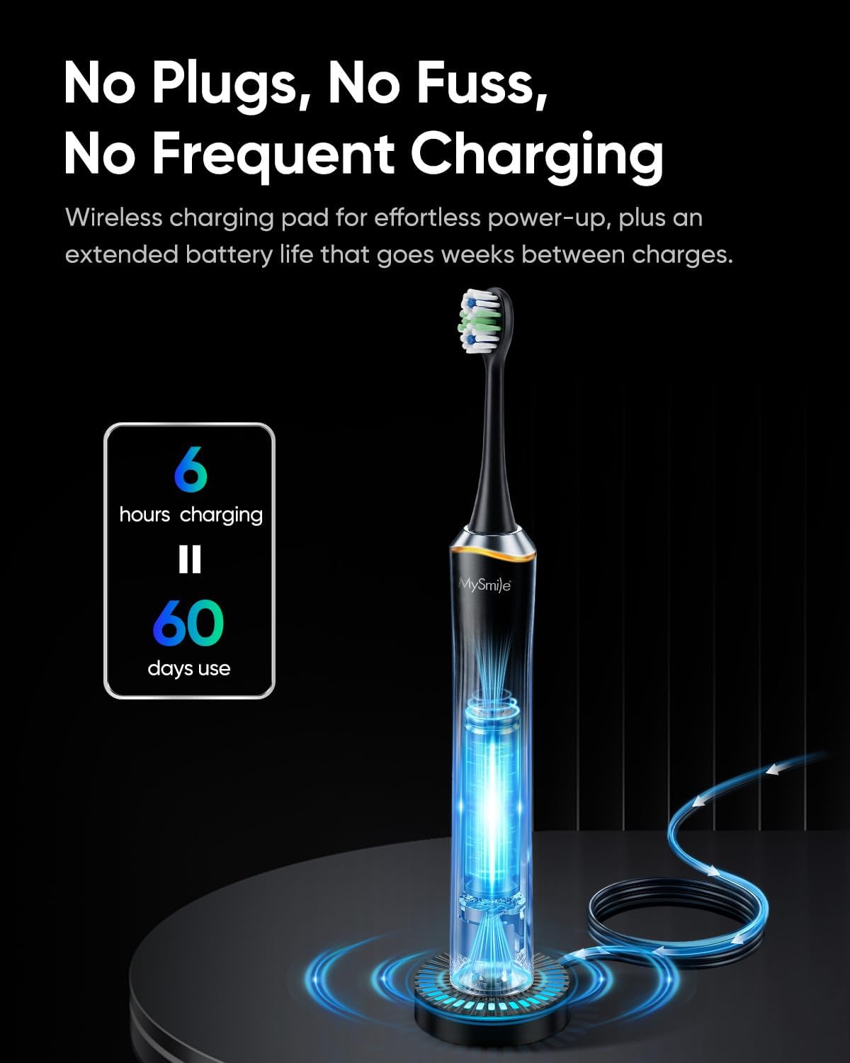 MySmile® sonic electric toothbrush on a wireless charging pad. Featuring a long battery life of up to 60 days of use from a single 6-hour charge for travel.