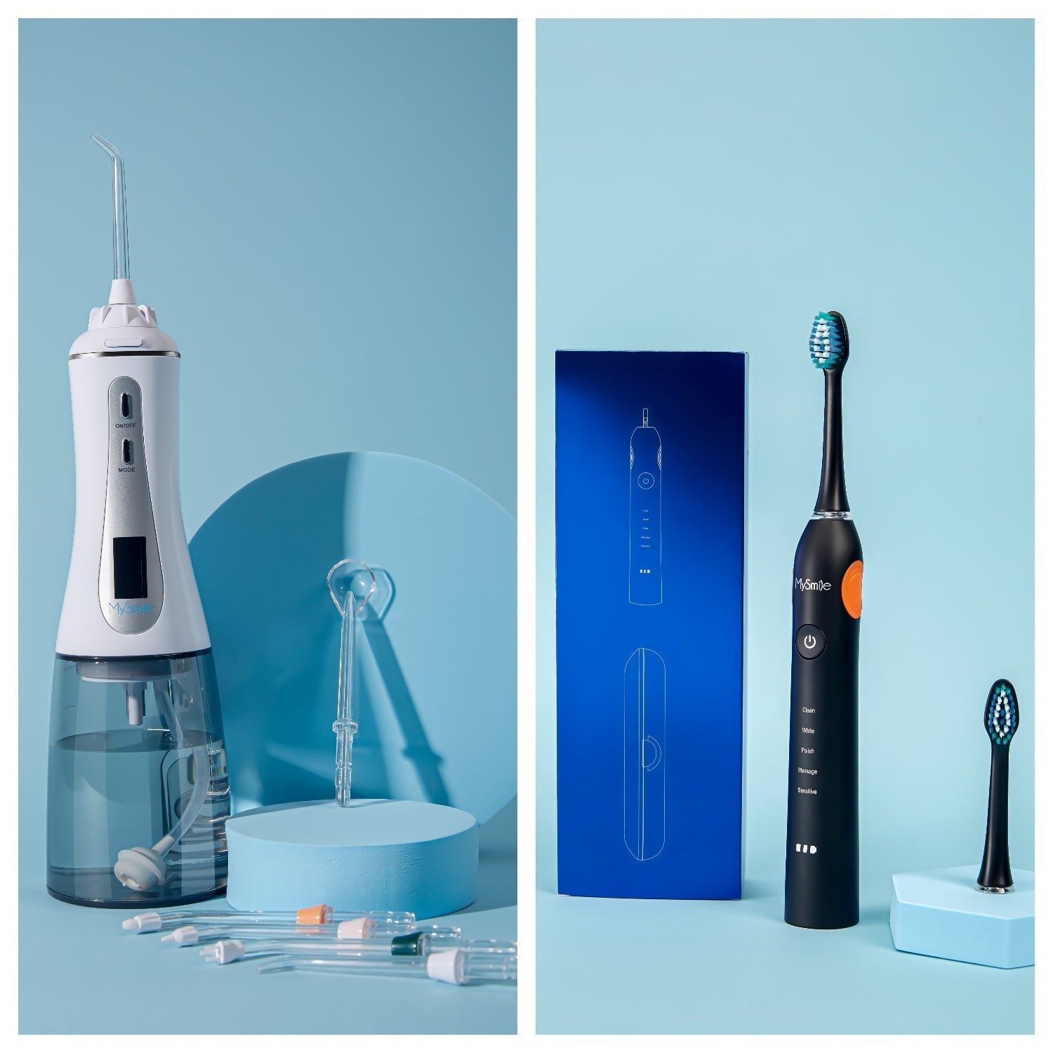 Blue Waterpik on the Left, White Electric Toothbrush on the Right