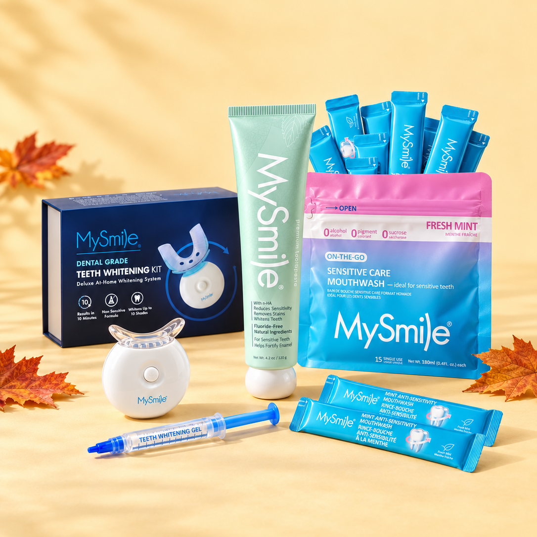 MySmile Fall Smile Care Bundle. The bundle includes the Original Teeth Whitening Kit with LED light, nHA Toothpaste and nHA Portable Mouthwash.