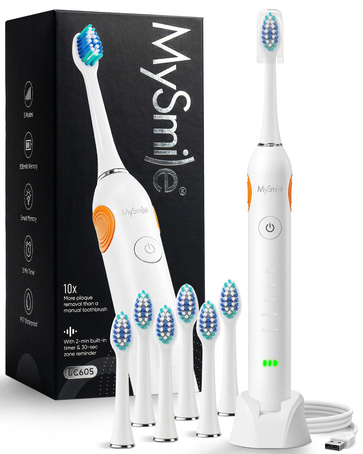 UC605 Elite Sonic Electric Toothbrush with 6 Brush Heads