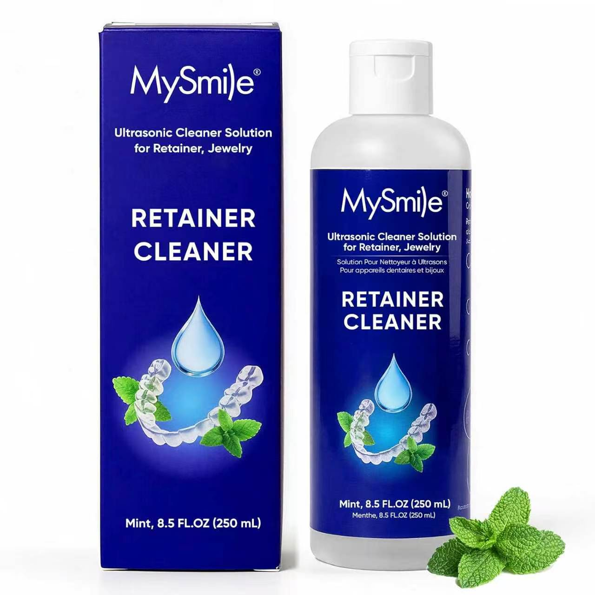 MySmile mint ultrasonic retainer cleaner solution, 8.5 fl oz (250 mL), bottle and box with mint leaves
