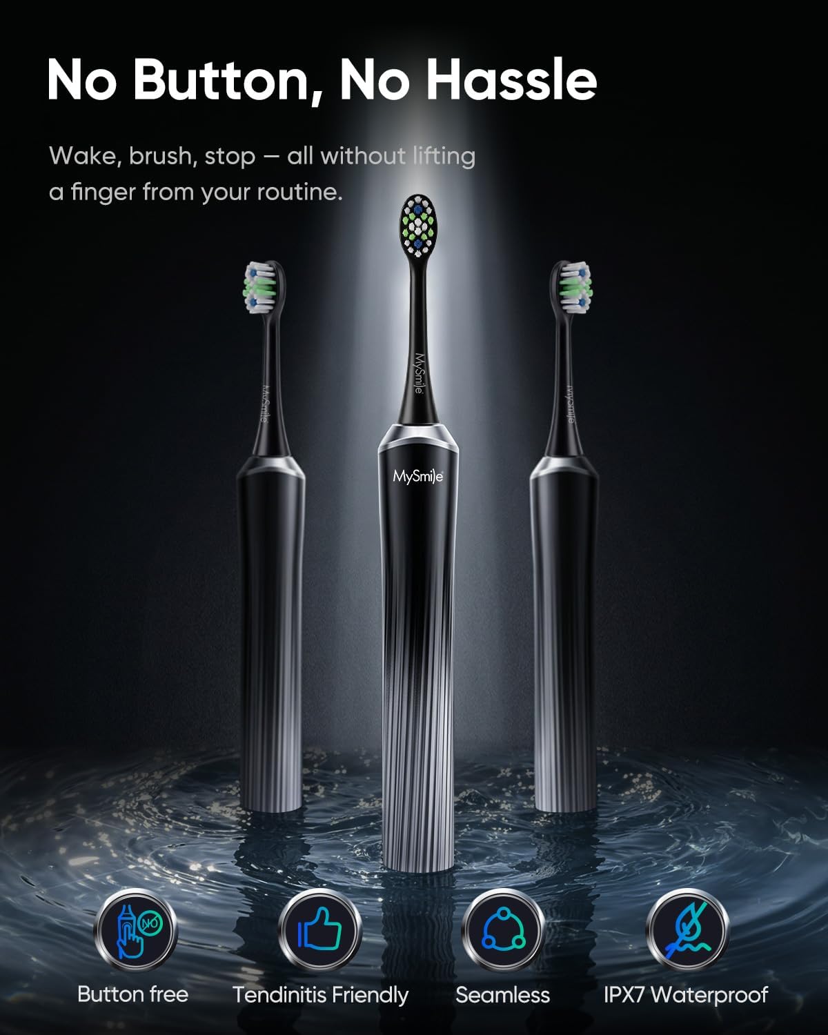 Electric toothbrush with text 'No Button, No Hassle' on a dark background