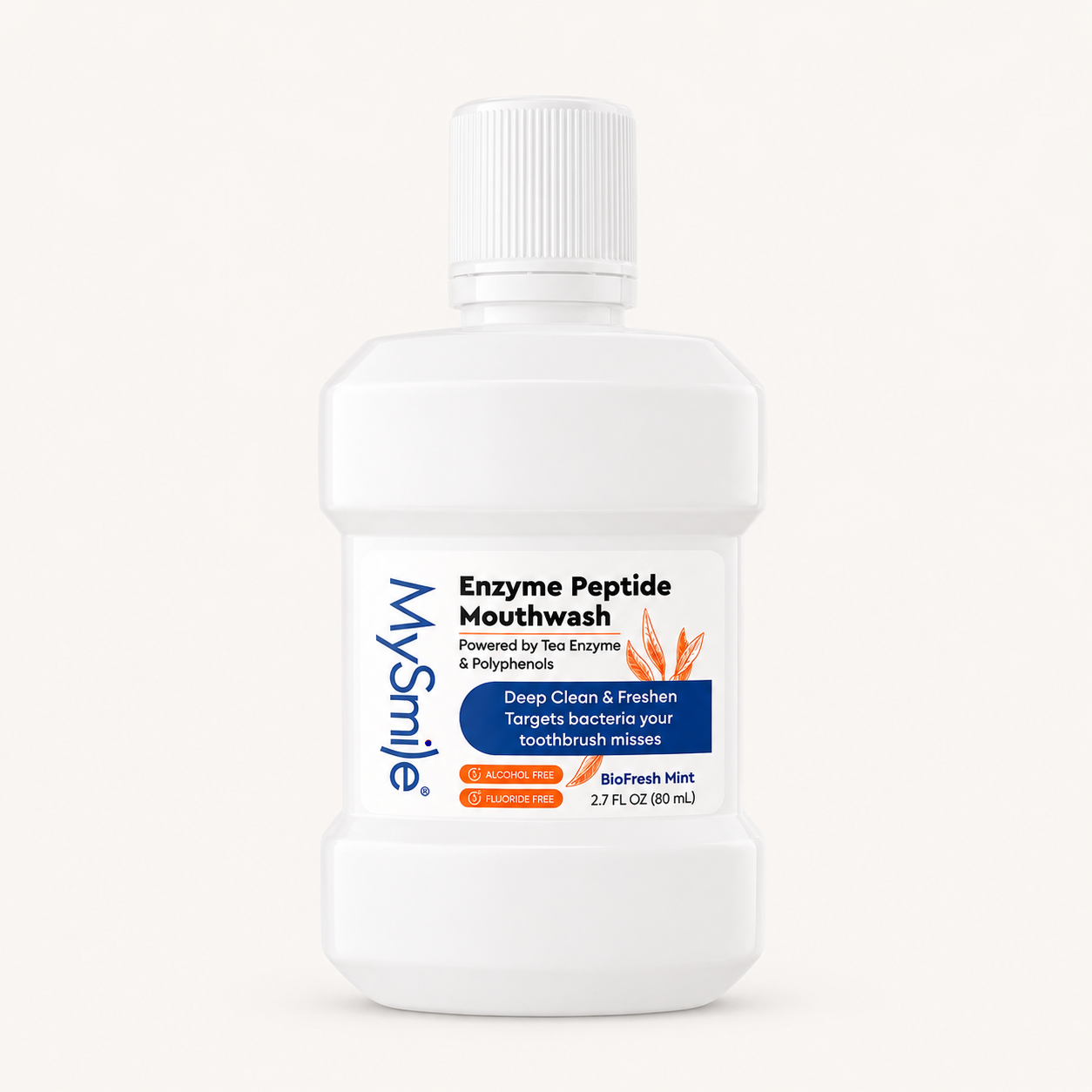 MySmile Enzyme Peptide Mouthwash bottle, featuring tea enzyme and polyphenols formula for deep oral clean and fresh breath, alcohol free