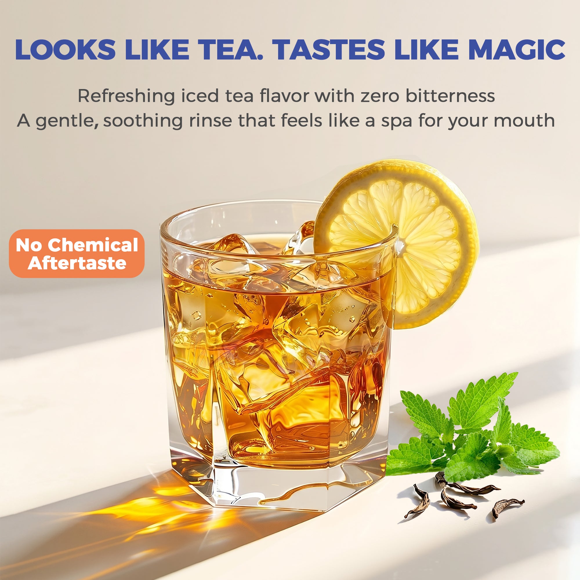 Product feature graphic for MySmile Mouthwash, showcasing a refreshing glass of iced tea with a lemon slice and mint leaves to represent its zero-bitterness flavor and soothing rinse with no chemical aftertaste.