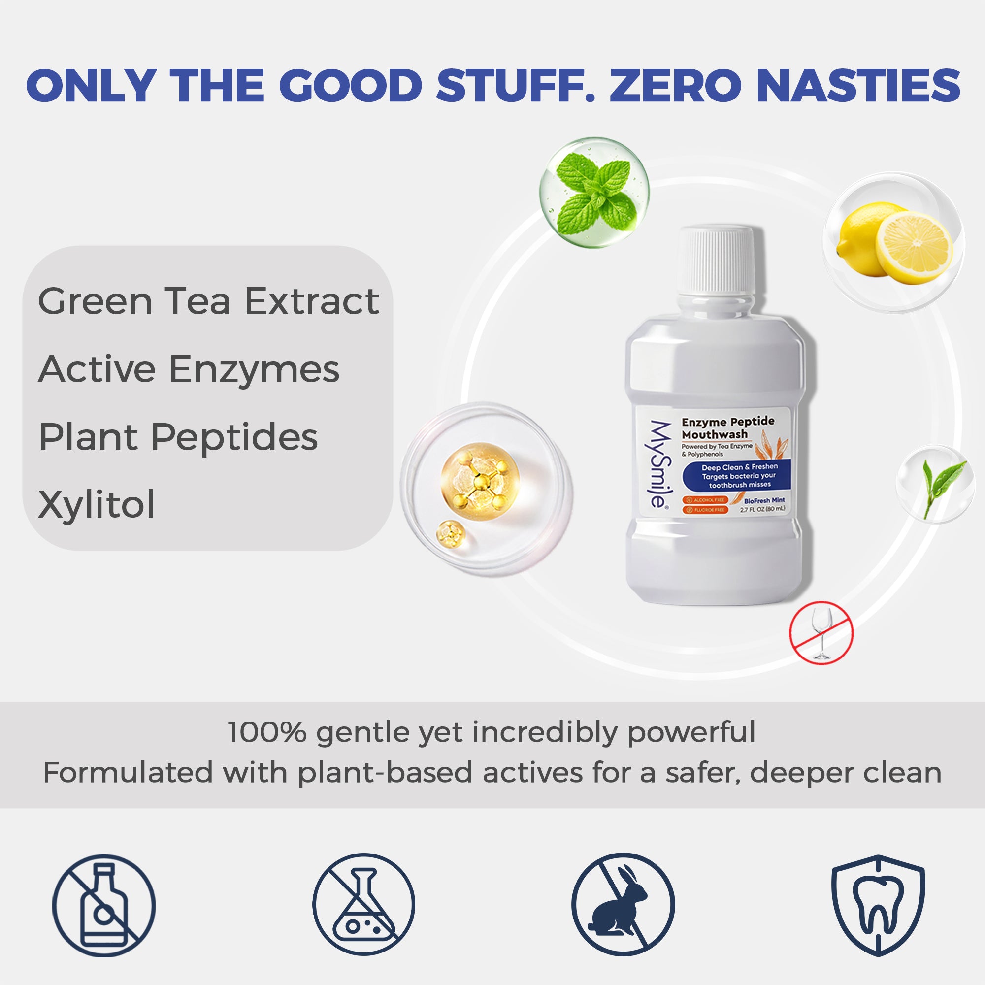 Ingredients infographic for MySmile Mouthwash highlighting its clean formula with Green Tea Extract, Active Enzymes, Plant Peptides, and Xylitol, featuring cruelty-free, alcohol-free, and chemical-free icons under the headline 'Only the good stuff. Zero nasties.'