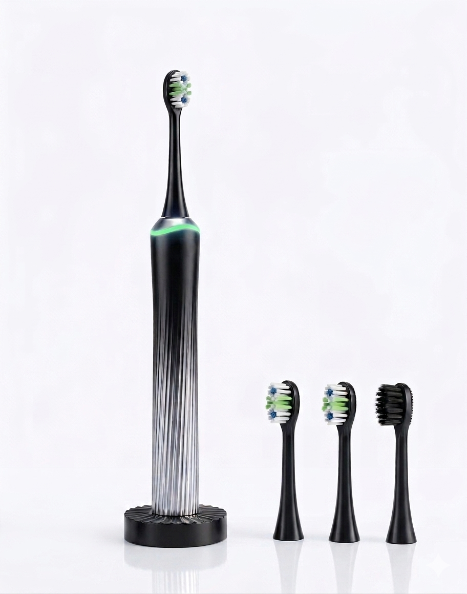 Black electric toothbrush with four replacement heads on a white background
