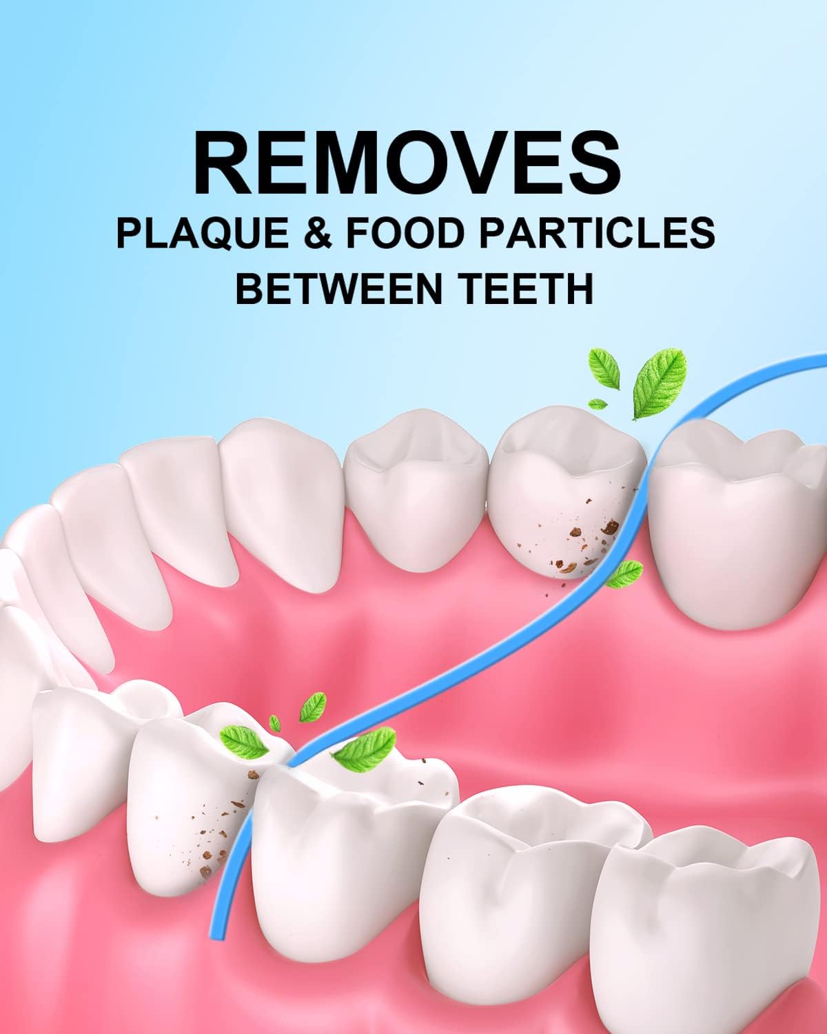 removes plaque and food particles between teeth 